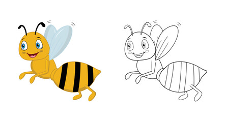 Happy cartoon bee with line art, bee sketch color less page isolated on white background.