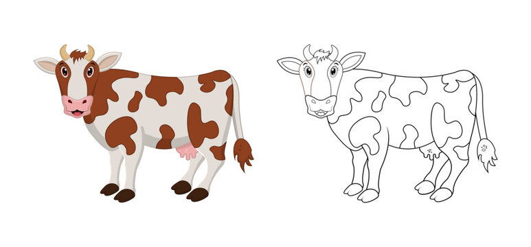 Happy cartoon cow with line art, cow sketch color less page isolated on white background.