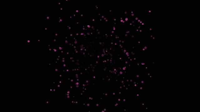 Exploding 3d pink balls fly in space on black background with Alpha Channel. Abstract festive background for advertising, congratulations, text. Scientific concept. 3D animation