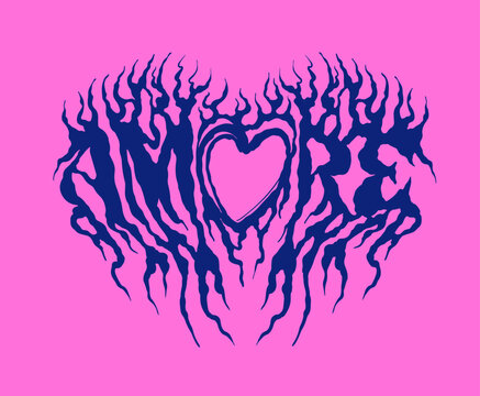 Illustration of the words "Amore" and a heart shape in a rock grunge music style, depicted as a flame
