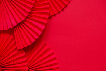 Chinese New Year 2023 .Decor pattern fan on red background. Red paper fans .Lunar New Year banner...