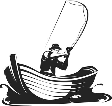 Silhouette of a fisherman on a boat throwing a rod