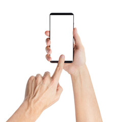 Hands holding black smartphone, isolated on white background