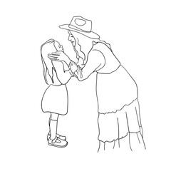 Family continuous line art. Young mom hugging her little baby continuous line. Illustration of woman with child on white background