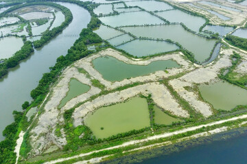 Fototapeta premium Aerial view of fish farms near the Bengawan Solo river, Gresik, Indonesia