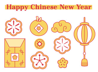 Chinese New Year elements set. isolated icons collection, coins, lantern, red envelope, flower. Editable vector illustrations.
