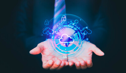 Digital image of the cloud technology. Cloud computing diagram hanging over hand. Networking and internet service concept. Business analysis, innovation, technology