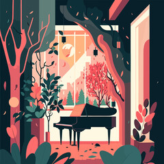 Illustration of a grand piano in a modern living room full of plants and a view out of the window into nature