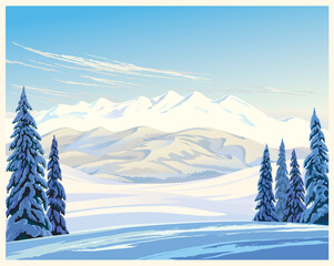 Winter landscape with snow-covered mountains peak and hills illuminated by the winter sun, and standing in the foreground with snow-covered fir trees. Vector illustration.