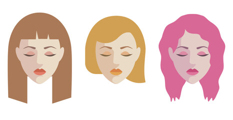 Teen girls flat illustration set. Women with closed eyes and colorful hair.