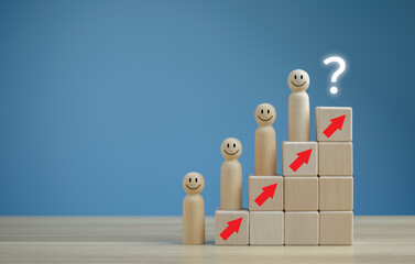 wooden doll laying on Stairs of wooden blocks with question mark, Personnel management, find leaders in business organizations, Opportunity of growth and development