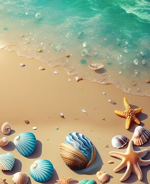seashells on the beach. Tropical beach background top view . Summer travel concept.Beautiful background with seashells on sea sand created by Generative AI