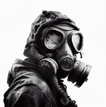 Man in a gas mask with a hood isolated on a white background. Close-up