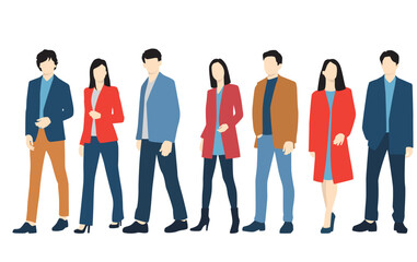 Obraz premium Set of young men and women, different colors, cartoon character, group of silhouettes of standing business people, students, the design concept of flat icon, isolated on white background