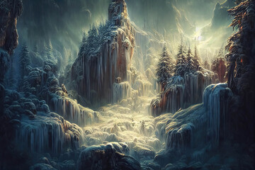 Beautiful picturesque landscape with frozen waterfalls on the mountains, snowy winter scene, AI generated image