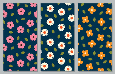 Three floral seamless patterns with cute tiny meadow flowers.