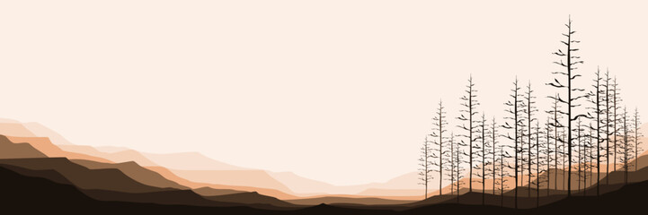 sunset landscape with pine tree silhouette mountain vector illustration for pattern background, wallpaper, background template, and backdrop design