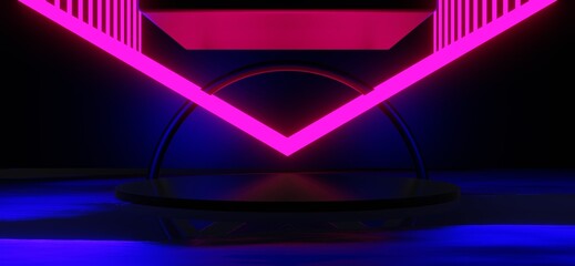 gaming background abstract wallpaper, cyberpunk style scifi game, neon glow of stage scene in pedestal display room, 3d illustration rendering, esports team concept