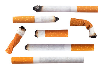 Many different stages of smoking a cigarette on a white background. Cigarette butts. Smoking