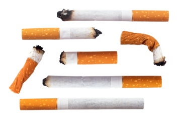 Many different stages of smoking a cigarette on a white background. Cigarette butts. Smoking