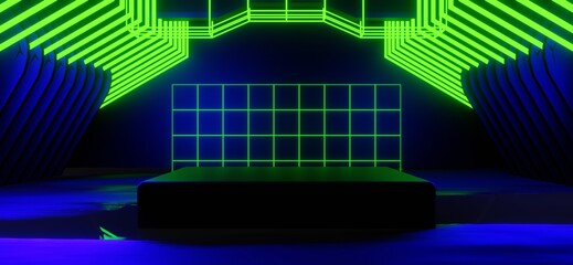 Fototapeta premium gaming background abstract wallpaper, cyberpunk style scifi game, neon glow of stage scene in pedestal display room, 3d illustration rendering, esports team concept