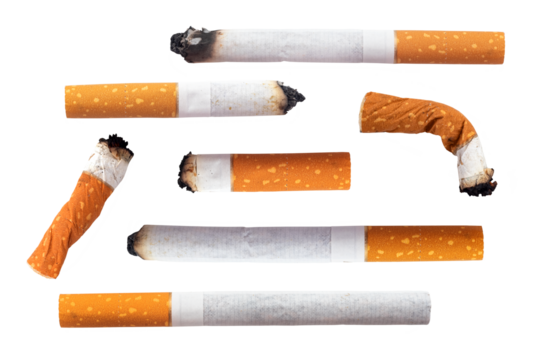 Many different stages of smoking a cigarette on a white background. Cigarette butts. Smoking