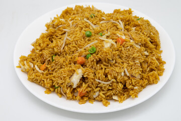 Chinese Chicken Fried Rice on a White Plate