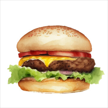Delicious Burger Sandwich Isolated Beautiful Watercolor Painting Illustration Vector