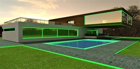 Green illumination of the curbs and facade of a magnificent estate at night. Large console floor above the pool. 3d rendering.