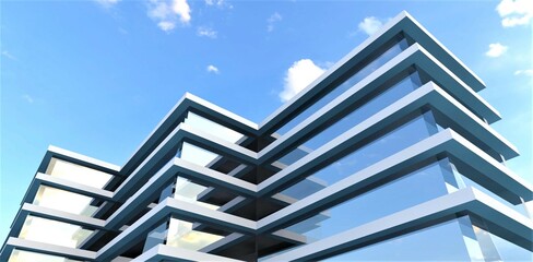 Bottom view of the top of a building with a glass facade against a blue sky. Great promotional banner for office space rentals. 3d rendering.