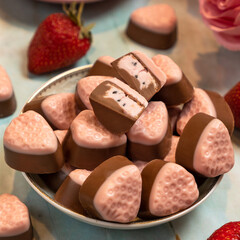 Chocolate with strawberries close up