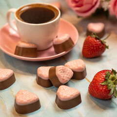 Chocolate with strawberries and coffee close up