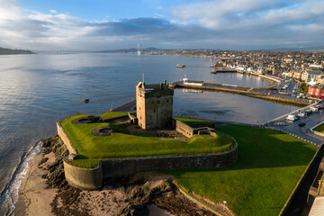 Brotie Castle on the banks of the River Tay at Brotie Ferry, Dundee, Scotland.  View from above