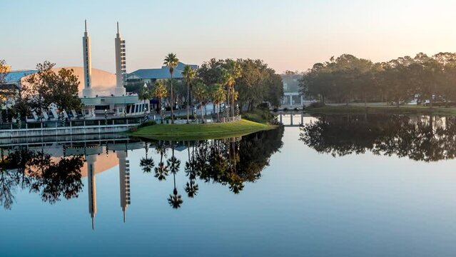 Early morning time lapse view of Celebration Florida with reflections in the lake
