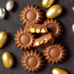 Hazelnut chocolate with dragee sugared almond top view