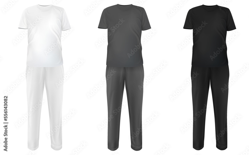 Canvas Prints Set realistic white, gray, black suit. Base clothes isolated on clean background. Collection blank mockup for branding man or woman fashion. Design casual template. Vector pants and t-shirt.