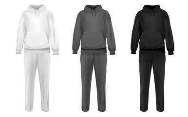 Set realistic white, gray, black suit. Base clothes isolated on clean background. Collection blank mockup for branding man or woman fashion. Design casual template. Vector pants and hoodie.