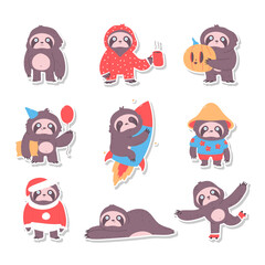 Cute sloth sticker vector cartoon animal characters set isolated on a white background.