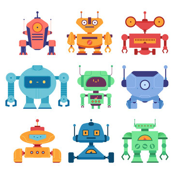 Cute robot vector cartoon characters set isolated on white background.