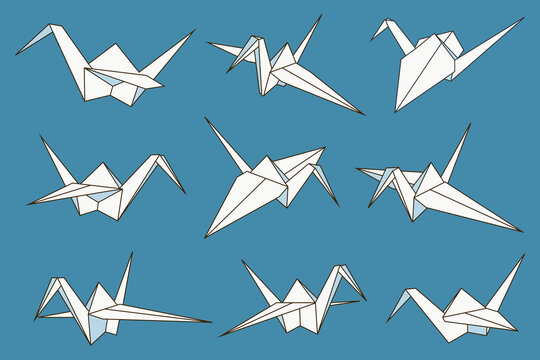 Origami cranes vector cartoon set isolated on background.