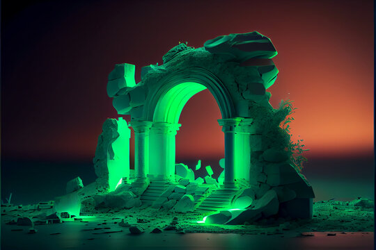 3d render, abstract green neon background with glowing arch and stone ruins, showcase for product presentation 