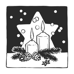 Vector hand-drawn illustration of candles with fir branches. Black and white sketch of Christmas decorations.