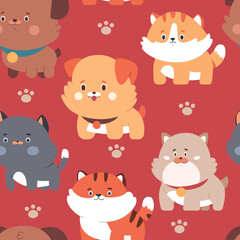 Cute puppies and kitties vector cartoon seamless pattern background for wallpaper, wrapping, packing, and backdrop.