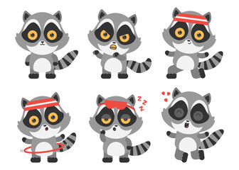 Cute raccoons vector cartoon characters set isolated on a white background.