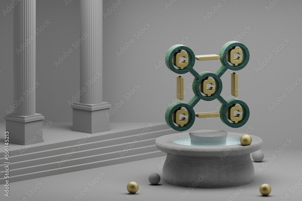 Leinwandbilder beautiful illustrations blockchain coins symbol icon on a fountain and column background. 3d renderi