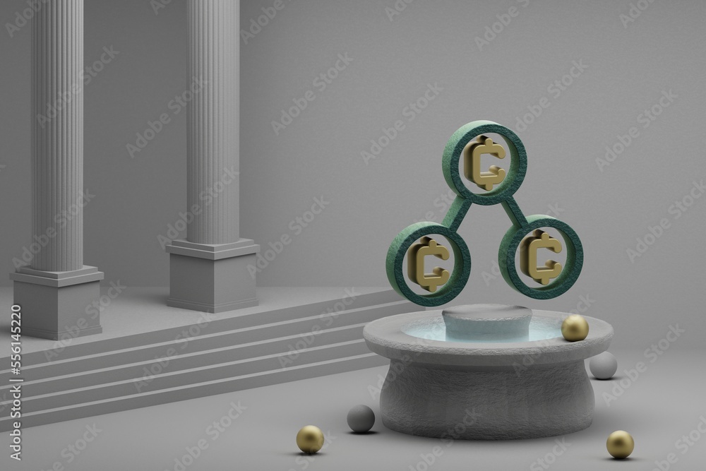 Poster beautiful illustrations blockchain coins symbol icon on a fountain and column background. 3d renderi