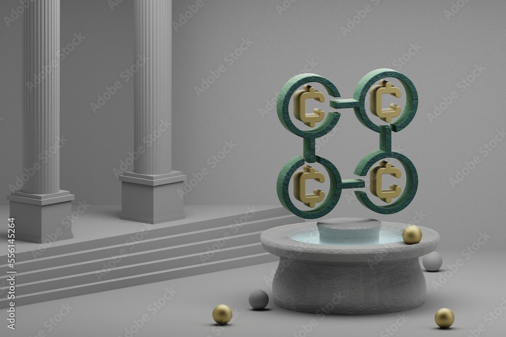 Poster beautiful illustrations blockchain coins symbol icon on a fountain and column background. 3d renderi
