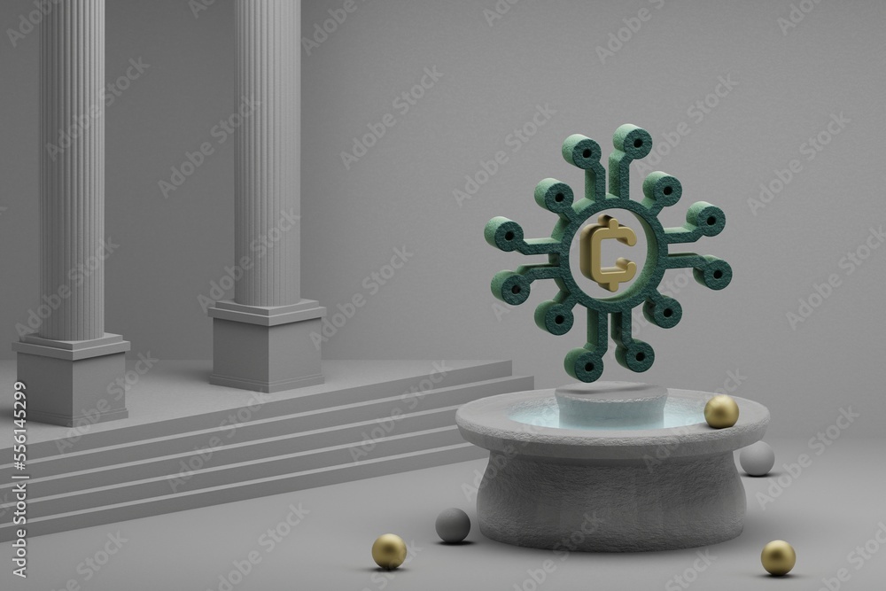 Aufkleber Beautiful illustrations Blockchain Token symbol icon on a fountain and column background. 3d rendering illustration. Background pattern for design.