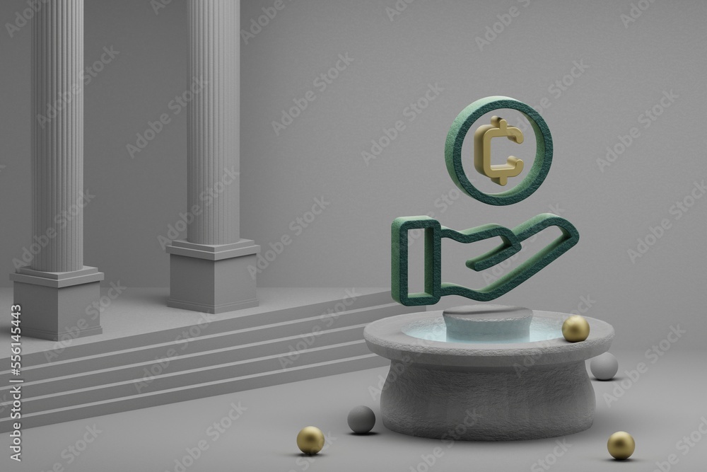 Poster beautiful illustrations coin hand token symbol icon on a fountain and column background. 3d renderin