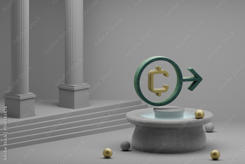 Poster beautiful illustrations coin symbol icon on a fountain and column background. 3d rendering illustrat